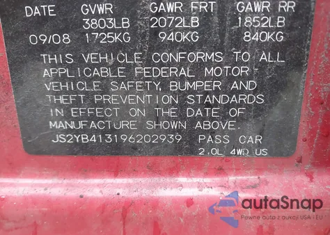 2009 Suzuki Sx4 Technology z USA, uszkodzony, nr VIN JS2YB413196202939